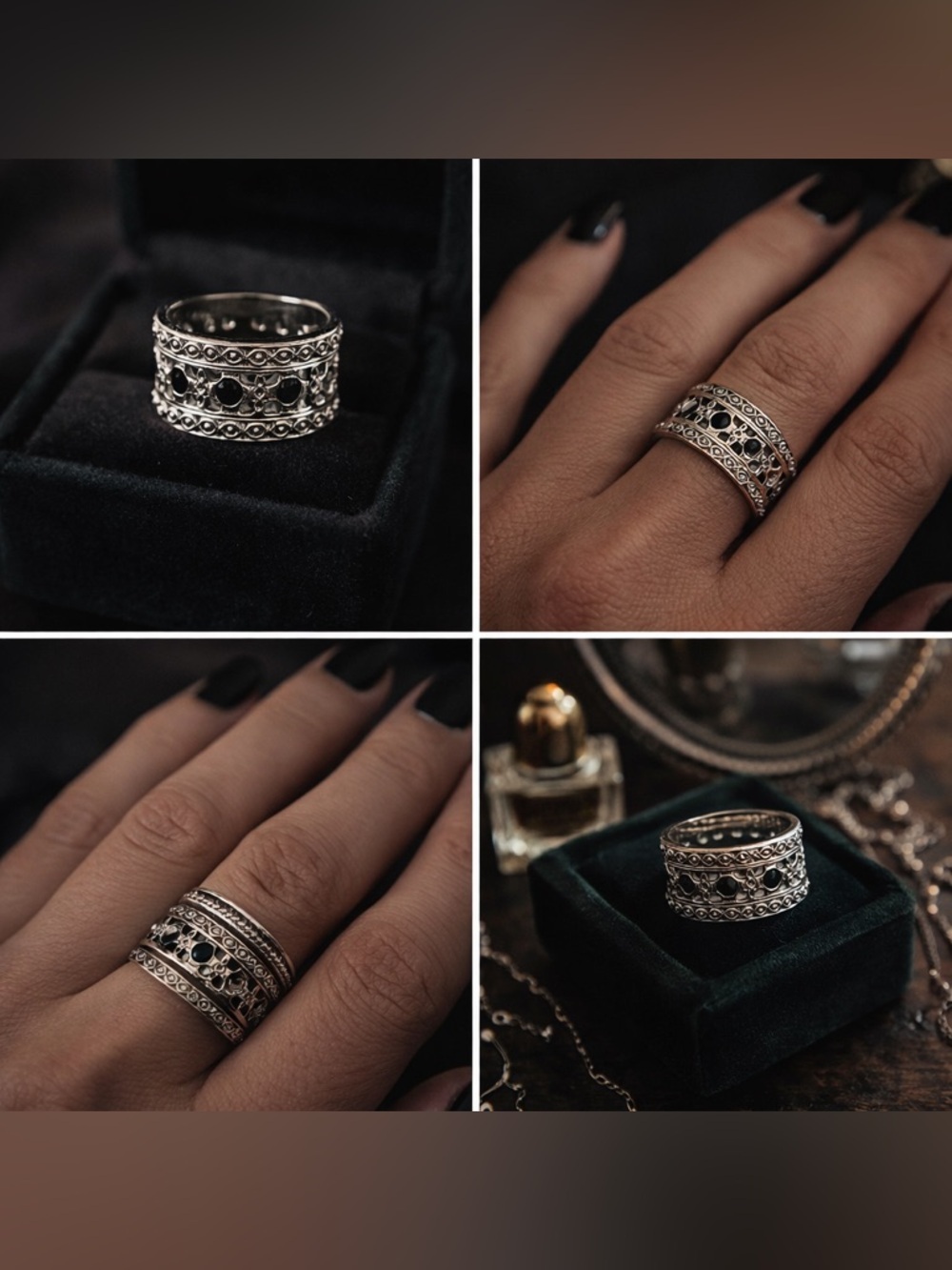 Silver Tone Filigree Black Stone Statement Ring Size 8 | Vintage Style Band